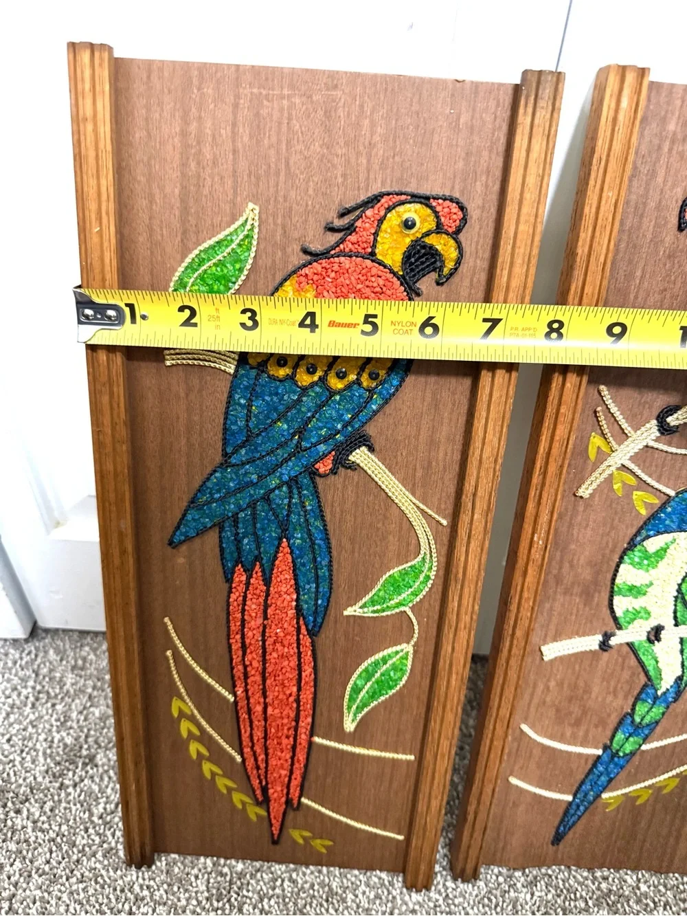 Vintage Mid-Century Modern gravel art panels depicting colorful parrots